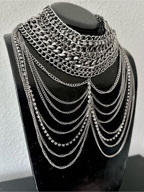 Layered Silver Multi-Chain Statement Necklace